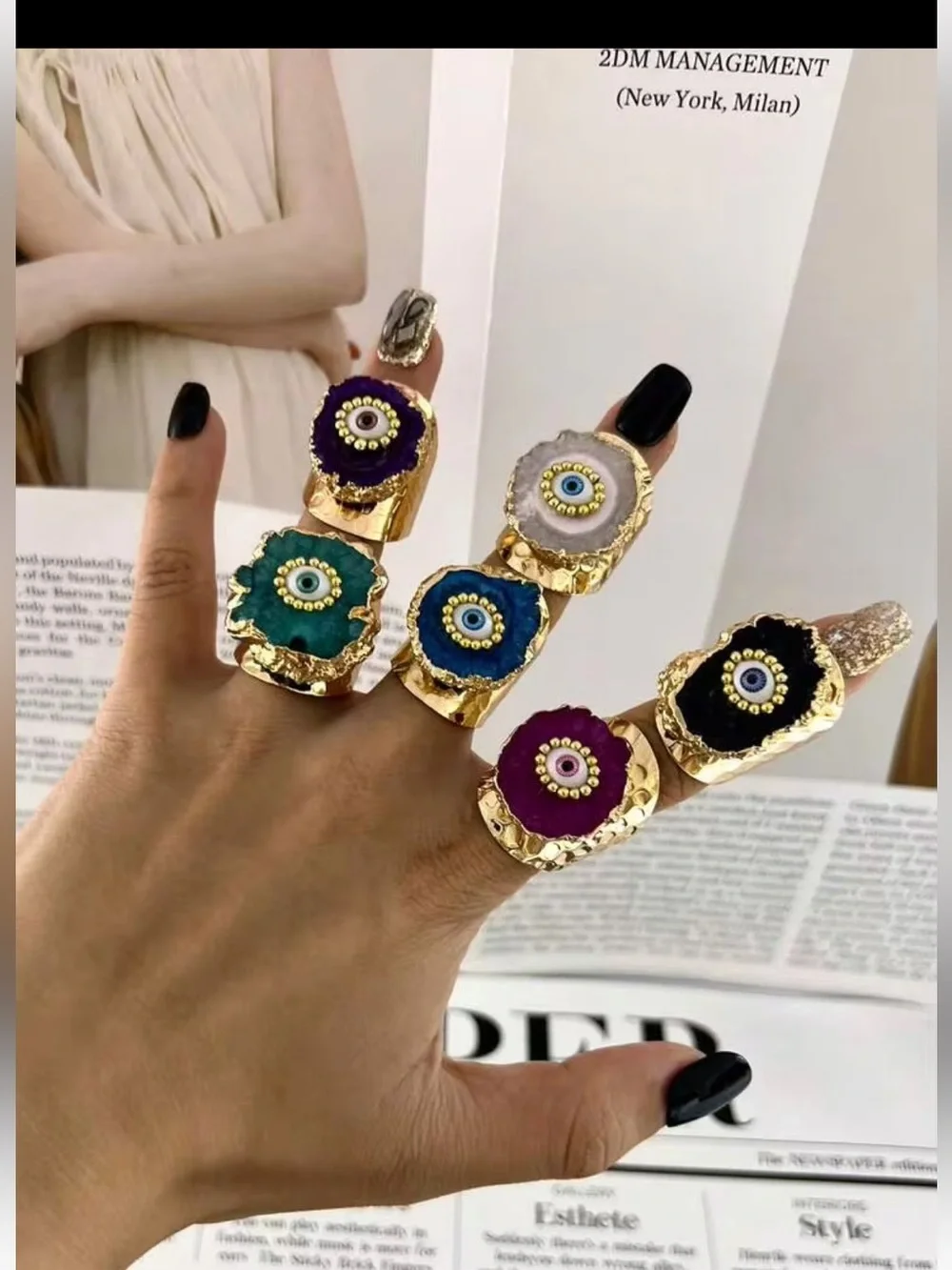 New! Black Synthetic Geode Agate Druzy Gold Plated Evil Eye Statement Ring